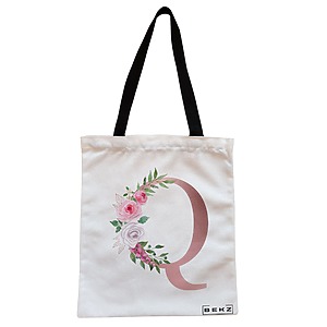 Geanta Canvas Tote pentru femei, Cu litera Q Rose Gold si Trandafiri, 38x34.5 cm, Alba, BEKZ®