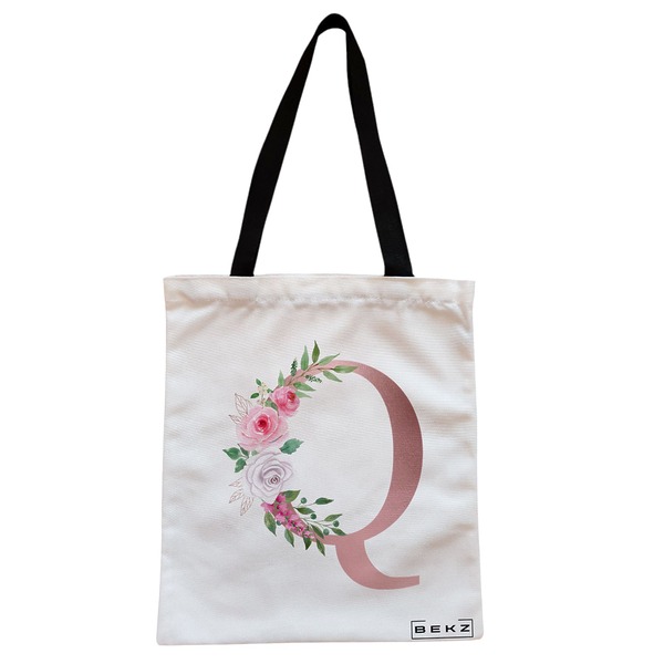 Geanta Canvas Tote pentru femei, Cu litera Q Rose Gold si Trandafiri, 38x34.5 cm, Alba, BEKZ® 1 Geanta Canvas Tote pentru femei Cu litera Q Rose Gold si Trandafiri 38x34.5 cm Alba BEKZ®