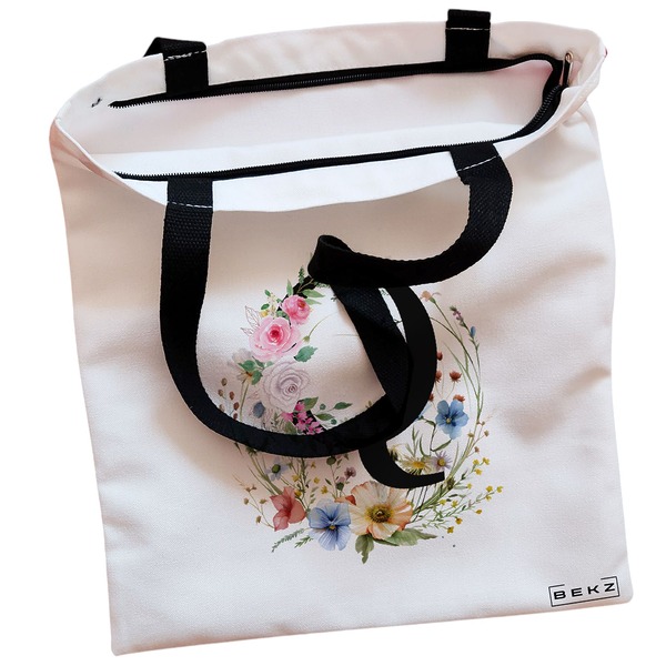 Geanta Canvas Tote pentru femei Cu litera Q in Coronita Florala 38x34.5 cm Alba BEKZ® 1