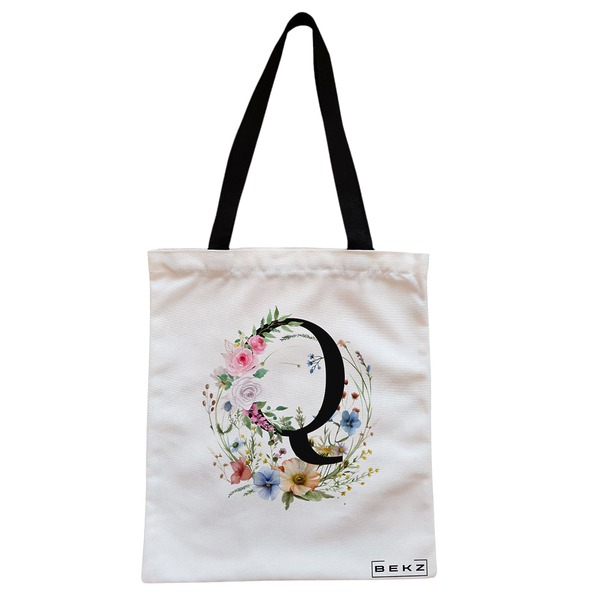 Geanta Canvas Tote pentru femei Cu litera Q in Coronita Florala 38x34.5 cm Alba BEKZ®