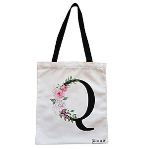 Geanta Canvas Tote pentru femei, Cu litera Q si Trandafiri, 38x34.5 cm, Alba, BEKZ®