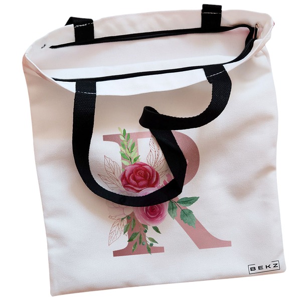 Geanta Canvas Tote pentru femei, Cu litera R Rose Gold si Trandafiri, 38x34.5 cm, Alba, BEKZ® 2 Geanta Canvas Tote pentru femei Cu litera R Rose Gold si Trandafiri 38x34.5 cm Alba BEKZ® 1