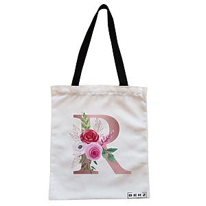 Geanta Canvas Tote pentru femei, Cu litera R Rose Gold si Trandafiri, 38x34.5 cm, Alba, BEKZ®