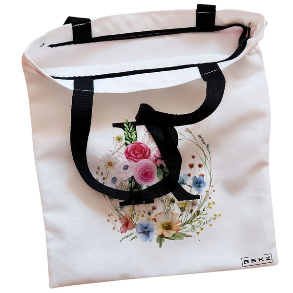 Geanta Canvas Tote pentru femei, Cu litera R in Coronita Florala, 38x34.5 cm, Alba, BEKZ® 2 Geanta Canvas Tote pentru femei Cu litera R in Coronita Florala 38x34.5 cm Alba BEKZ® 1