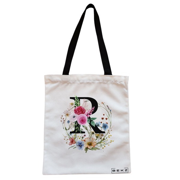 Geanta Canvas Tote pentru femei, Cu litera R in Coronita Florala, 38x34.5 cm, Alba, BEKZ® 1 Geanta Canvas Tote pentru femei Cu litera R in Coronita Florala 38x34.5 cm Alba BEKZ®