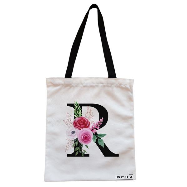 Geanta Canvas Tote pentru femei, Cu litera R si Trandafiri, 38x34.5 cm, Alba, BEKZ® 1 Geanta Canvas Tote pentru femei Cu litera R si Trandafiri 38x34.5 cm Alba BEKZ®