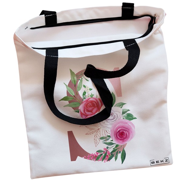 Geanta Canvas Tote pentru femei, Cu litera S Rose Gold si Trandafiri, 38x34.5 cm, Alba, BEKZ® 2 Geanta Canvas Tote pentru femei Cu litera S Rose Gold si Trandafiri 38x34.5 cm Alba BEKZ® 1
