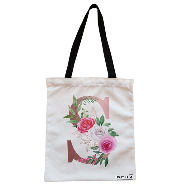 Geanta Canvas Tote pentru femei, Cu litera S Rose Gold si Trandafiri, 38x34.5 cm, Alba, BEKZ® 1 Geanta Canvas Tote pentru femei Cu litera S Rose Gold si Trandafiri 38x34.5 cm Alba BEKZ®
