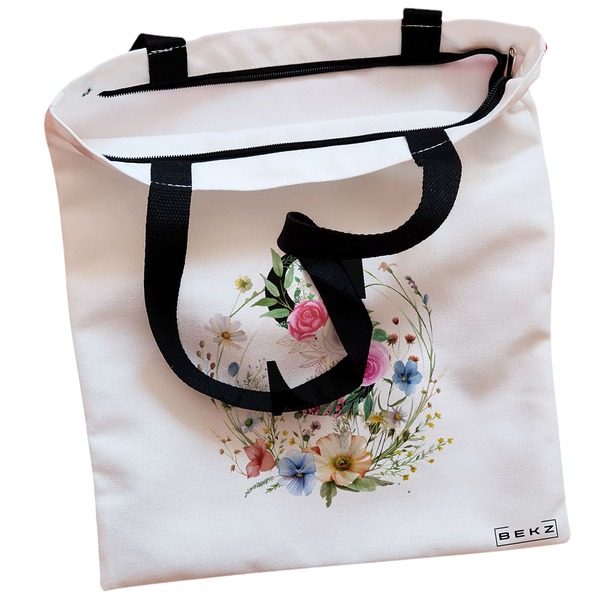 Geanta Canvas Tote pentru femei, Cu litera S in Coronita Florala, 38x34.5 cm, Alba, BEKZ® 2 Geanta Canvas Tote pentru femei Cu litera S in Coronita Florala 38x34.5 cm Alba BEKZ® 1