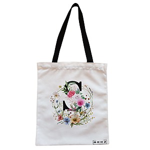 Geanta Canvas Tote pentru femei, Cu litera S in Coronita Florala, 38x34.5 cm, Alba, BEKZ®