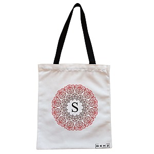 Geanta Canvas Tote pentru femei, Cu litera S si Mandala, 38x34.5 cm, Alba, BEKZ®
