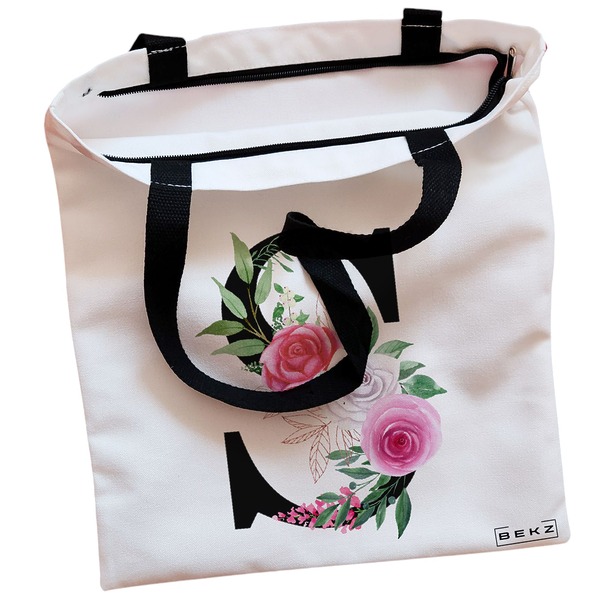 Geanta Canvas Tote pentru femei, Cu litera S si Trandafiri, 38x34.5 cm, Alba, BEKZ® 2 Geanta Canvas Tote pentru femei Cu litera S si Trandafiri 38x34.5 cm Alba BEKZ® 1
