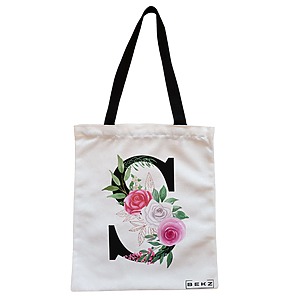 Geanta Canvas Tote pentru femei, Cu litera S si Trandafiri, 38x34.5 cm, Alba, BEKZ®