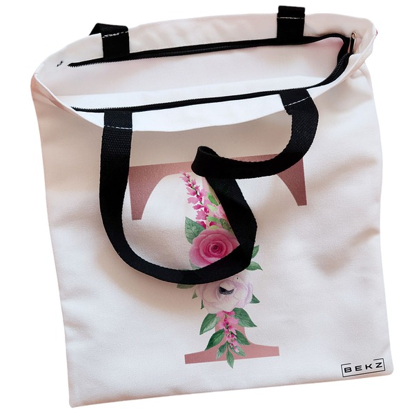Geanta Canvas Tote pentru femei, Cu litera T Rose Gold si Trandafiri, 38x34.5 cm, Alba, BEKZ® 2 Geanta Canvas Tote pentru femei Cu litera T Rose Gold si Trandafiri 38x34.5 cm Alba BEKZ® 1