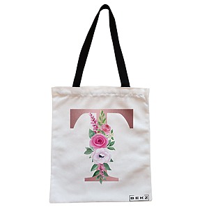 Geanta Canvas Tote pentru femei, Cu litera T Rose Gold si Trandafiri, 38x34.5 cm, Alba, BEKZ®