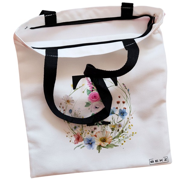 Geanta Canvas Tote pentru femei, Cu litera T in Coronita Florala, 38x34.5 cm, Alba, BEKZ® 2 Geanta Canvas Tote pentru femei Cu litera T in Coronita Florala 38x34.5 cm Alba BEKZ® 1