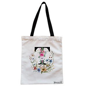 Geanta Canvas Tote pentru femei, Cu litera T in Coronita Florala, 38x34.5 cm, Alba, BEKZ®