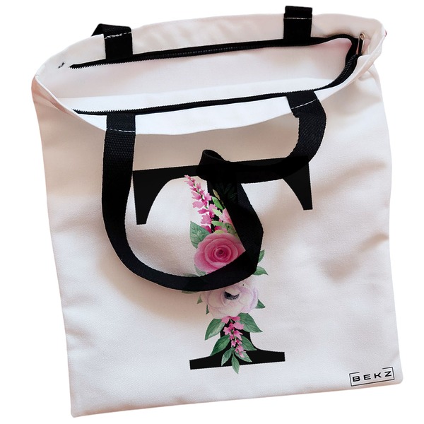 Geanta Canvas Tote pentru femei, Cu litera T si Trandafiri, 38x34.5 cm, Alba, BEKZ® 2 Geanta Canvas Tote pentru femei Cu litera T si Trandafiri 38x34.5 cm Alba BEKZ® 1