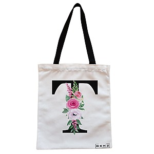 Geanta Canvas Tote pentru femei, Cu litera T si Trandafiri, 38x34.5 cm, Alba, BEKZ®