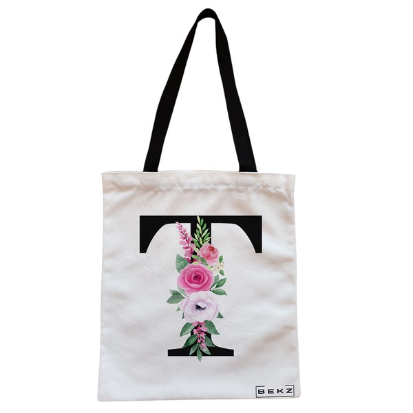 Geanta Canvas Tote pentru femei, Cu litera T si Trandafiri, 38x34.5 cm, Alba, BEKZ® 1 Geanta Canvas Tote pentru femei Cu litera T si Trandafiri 38x34.5 cm Alba BEKZ®