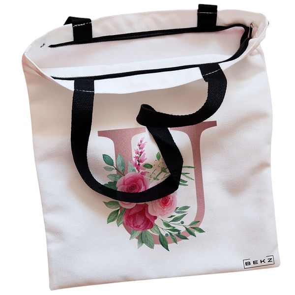 Geanta Canvas Tote pentru femei, Cu litera U Rose Gold si Trandafiri, 38x34.5 cm, Alba, BEKZ® 2 Geanta Canvas Tote pentru femei Cu litera U Rose Gold si Trandafiri 38x34.5 cm Alba BEKZ® 1