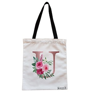 Geanta Canvas Tote pentru femei, Cu litera U Rose Gold si Trandafiri, 38x34.5 cm, Alba, BEKZ®