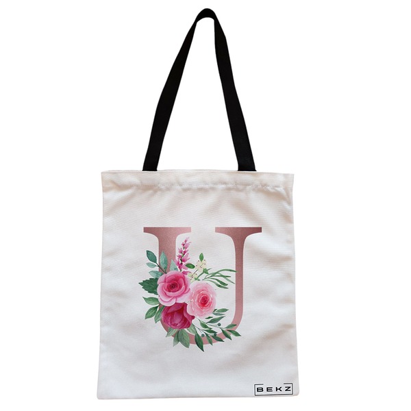 Geanta Canvas Tote pentru femei, Cu litera U Rose Gold si Trandafiri, 38x34.5 cm, Alba, BEKZ® 1 Geanta Canvas Tote pentru femei Cu litera U Rose Gold si Trandafiri 38x34.5 cm Alba BEKZ®