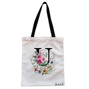 Geanta Canvas Tote pentru femei, Cu litera U in Coronita Florala, 38x34.5 cm, Alba, BEKZ®