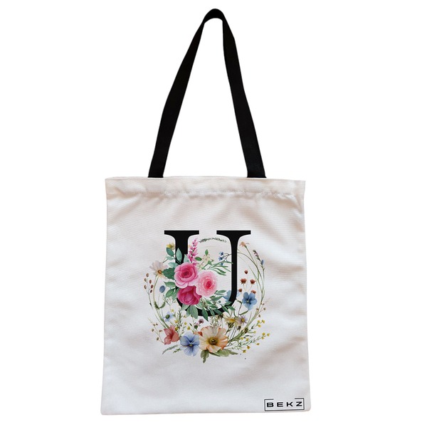 Geanta Canvas Tote pentru femei Cu litera U in Coronita Florala 38x34.5 cm Alba BEKZ®