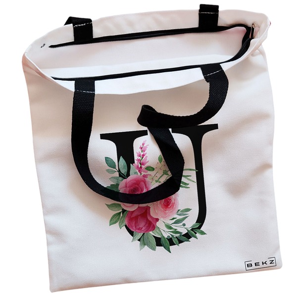 Geanta Canvas Tote pentru femei, Cu litera U si Trandafiri, 38x34.5 cm, Alba, BEKZ® 2 Geanta Canvas Tote pentru femei Cu litera U si Trandafiri 38x34.5 cm Alba BEKZ® 1