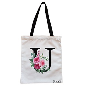 Geanta Canvas Tote pentru femei, Cu litera U si Trandafiri, 38x34.5 cm, Alba, BEKZ®