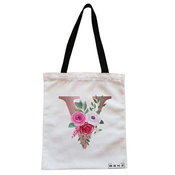 Geanta Canvas Tote pentru femei, Cu litera V Rose Gold si Trandafiri, 38x34.5 cm, Alba, BEKZ® 1 Geanta Canvas Tote pentru femei Cu litera V Rose Gold si Trandafiri 38x34.5 cm Alba BEKZ®