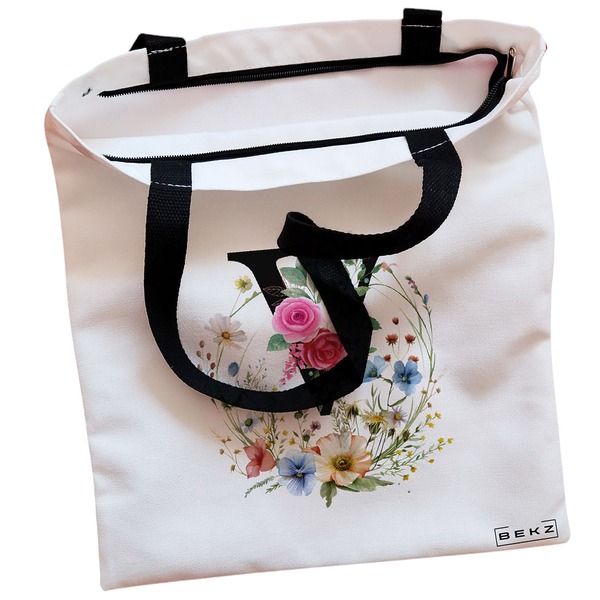 Geanta Canvas Tote pentru femei, Cu litera V in Coronita Florala, 38x34.5 cm, Alba, BEKZ® 2 Geanta Canvas Tote pentru femei Cu litera V in Coronita Florala 38x34.5 cm Alba BEKZ® 1