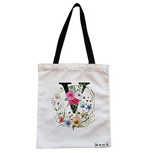 Geanta Canvas Tote pentru femei, Cu litera V in Coronita Florala, 38x34.5 cm, Alba, BEKZ®
