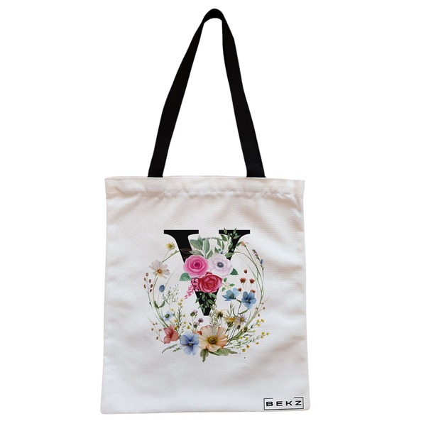 Geanta Canvas Tote pentru femei, Cu litera V in Coronita Florala, 38x34.5 cm, Alba, BEKZ® 1 Geanta Canvas Tote pentru femei Cu litera V in Coronita Florala 38x34.5 cm Alba BEKZ®