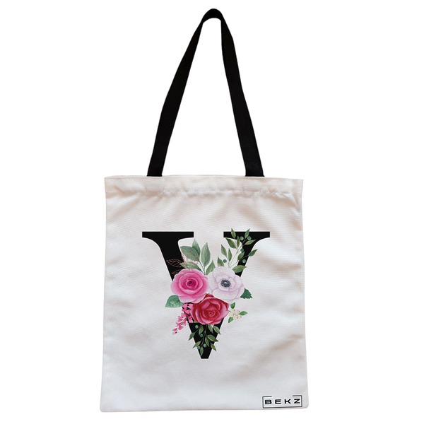 Geanta Canvas Tote pentru femei, Cu litera V si Trandafiri, 38x34.5 cm, Alba, BEKZ® 1 Geanta Canvas Tote pentru femei Cu litera V si Trandafiri 38x34.5 cm Alba BEKZ®