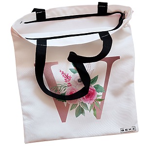 Alternative view of Geanta Canvas Tote pentru femei, Cu litera W Rose Gold si Trandafiri, 38x34.5 cm, Alba, BEKZ®