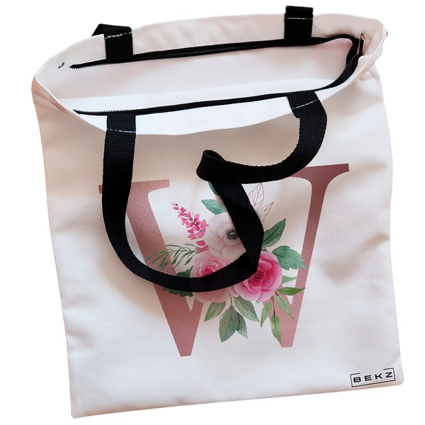 Geanta Canvas Tote pentru femei, Cu litera W Rose Gold si Trandafiri, 38x34.5 cm, Alba, BEKZ® 2 Geanta Canvas Tote pentru femei Cu litera W Rose Gold si Trandafiri 38x34.5 cm Alba BEKZ® 1