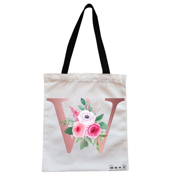 Geanta Canvas Tote pentru femei, Cu litera W Rose Gold si Trandafiri, 38x34.5 cm, Alba, BEKZ® 1 Geanta Canvas Tote pentru femei Cu litera W Rose Gold si Trandafiri 38x34.5 cm Alba BEKZ®