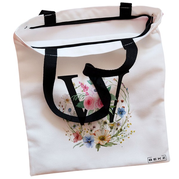 Geanta Canvas Tote pentru femei, Cu litera W in Coronita Florala, 38x34.5 cm, Alba, BEKZ® 2 Geanta Canvas Tote pentru femei Cu litera W in Coronita Florala 38x34.5 cm Alba BEKZ® 1
