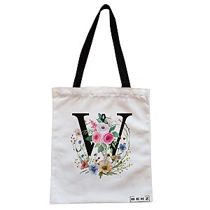 Geanta Canvas Tote pentru femei, Cu litera W in Coronita Florala, 38x34.5 cm, Alba, BEKZ®