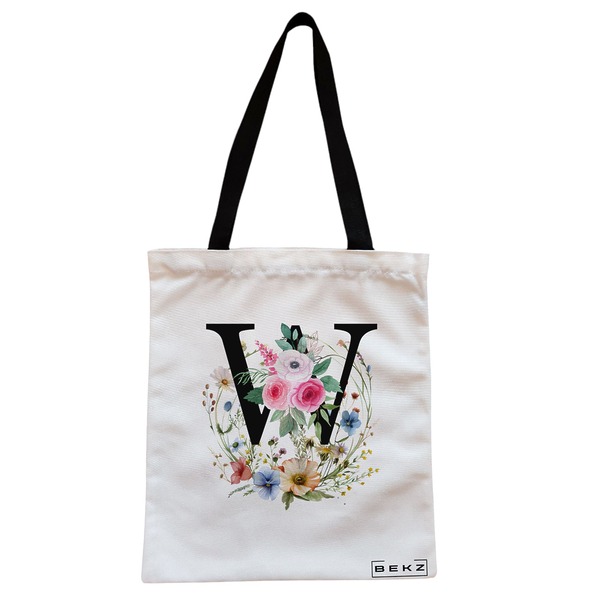 Geanta Canvas Tote pentru femei, Cu litera W in Coronita Florala, 38x34.5 cm, Alba, BEKZ® 1 Geanta Canvas Tote pentru femei Cu litera W in Coronita Florala 38x34.5 cm Alba BEKZ®