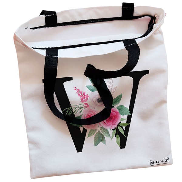 Geanta Canvas Tote pentru femei Cu litera W si Trandafiri 38x34.5 cm Alba BEKZ® 1