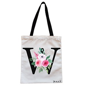Geanta Canvas Tote pentru femei, Cu litera W si Trandafiri, 38x34.5 cm, Alba, BEKZ®