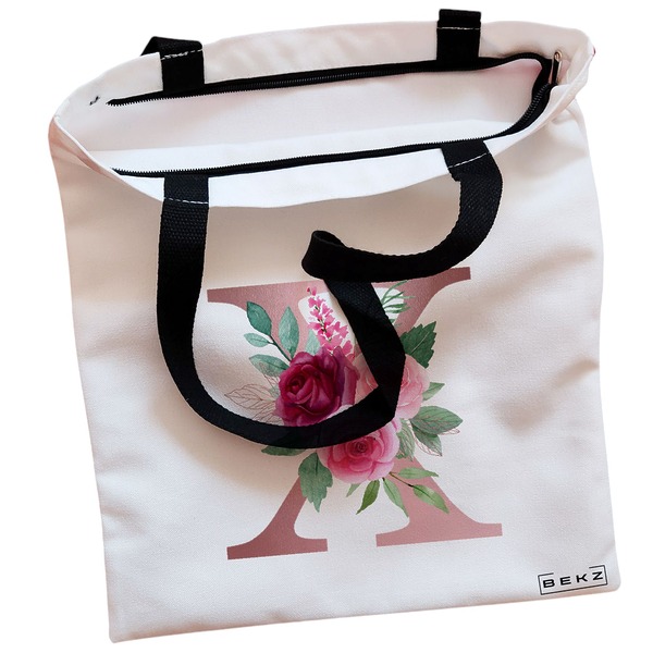 Geanta Canvas Tote pentru femei, Cu litera X Rose Gold si Trandafiri, 38x34.5 cm, Alba, BEKZ® 2 Geanta Canvas Tote pentru femei Cu litera X Rose Gold si Trandafiri 38x34.5 cm Alba BEKZ® 1