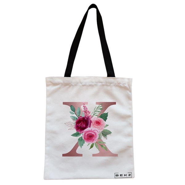 Geanta Canvas Tote pentru femei, Cu litera X Rose Gold si Trandafiri, 38x34.5 cm, Alba, BEKZ® 1 Geanta Canvas Tote pentru femei Cu litera X Rose Gold si Trandafiri 38x34.5 cm Alba BEKZ®