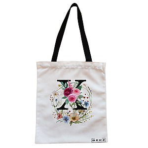 Geanta Canvas Tote pentru femei, Cu litera X in Coronita Florala, 38x34.5 cm, Alba, BEKZ®