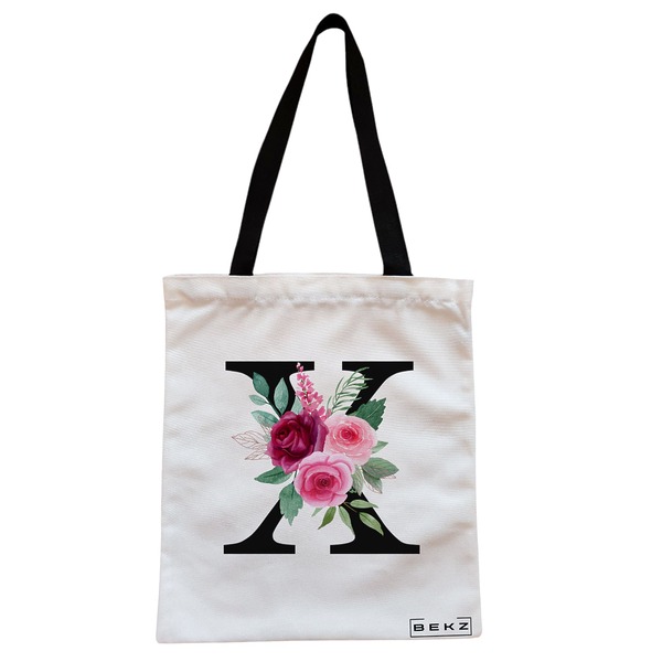 Geanta Canvas Tote pentru femei, Cu litera X si Trandafiri, 38x34.5 cm, Alba, BEKZ® 1 Geanta Canvas Tote pentru femei Cu litera X si Trandafiri 38x34.5 cm Alba BEKZ®