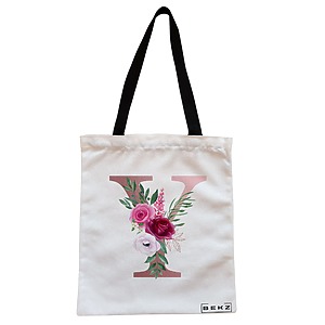 Geanta Canvas Tote pentru femei, Cu litera Y Rose Gold si Trandafiri, 38x34.5 cm, Alba, BEKZ®