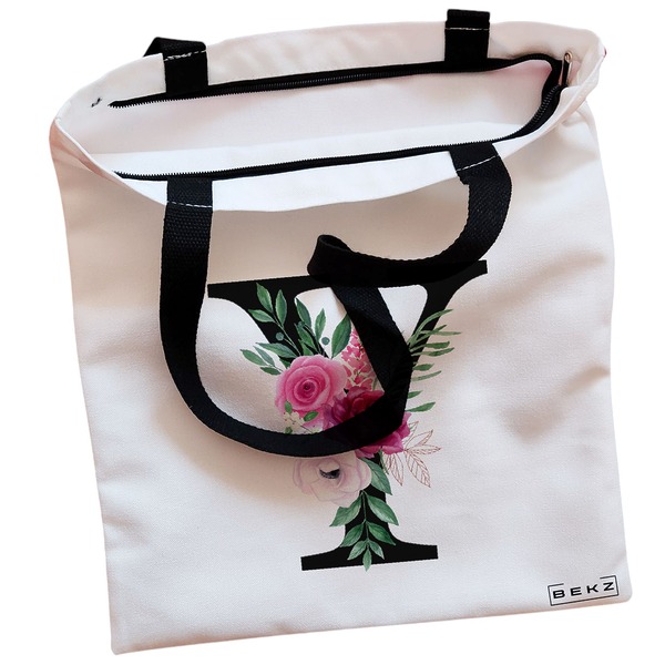 Geanta Canvas Tote pentru femei, Cu litera Y si Trandafiri, 38x34.5 cm, Alba, BEKZ® 2 Geanta Canvas Tote pentru femei Cu litera Y si Trandafiri 38x34.5 cm Alba BEKZ® 1